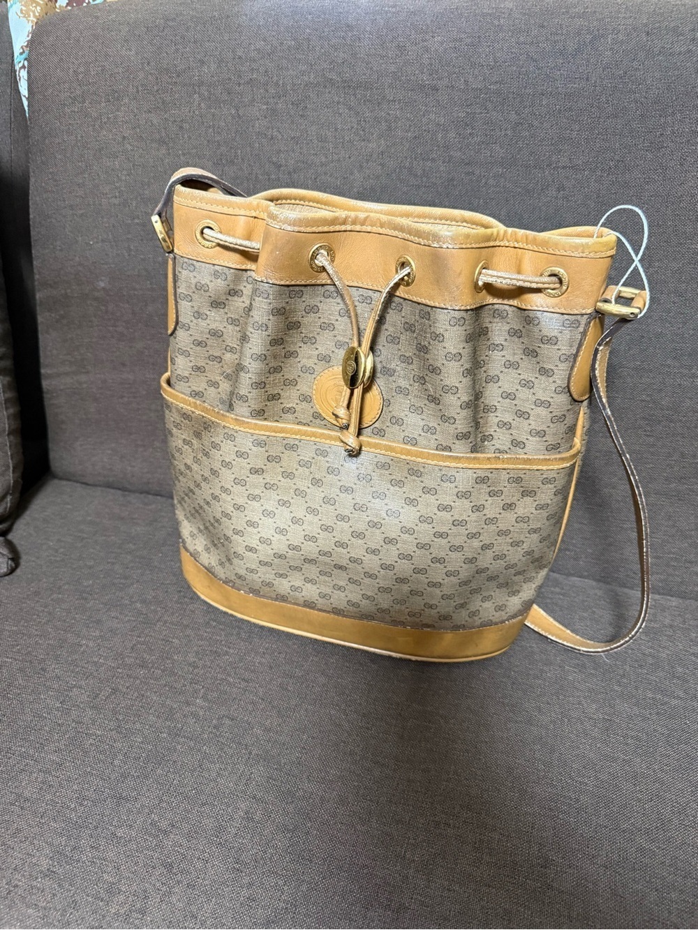 Classic Tan Drawstring Bucket Bag- Vintage Piece